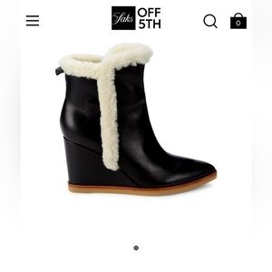 Marc Fisher Brendan Leather & Sherling Fur Wedge Booties Career Black Size 7.5